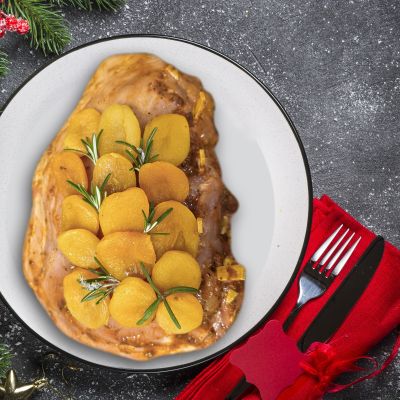 Χοιρομέρι γεμιστό με μήλα και βερύκοκα